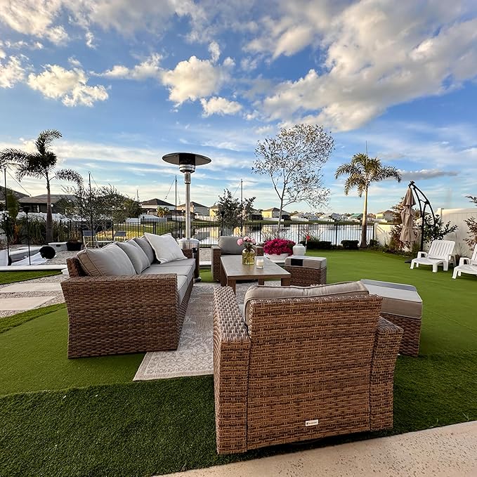 SUNSHINE VALLEY Swivel Glider 5 Piece Outdoor Furniture Set with Swivel Chairs, Wicker Patio Furniture with 4.92" Wide Armrest, 26.3" Deep Seating and 5.5" Thick Cushions, Grey