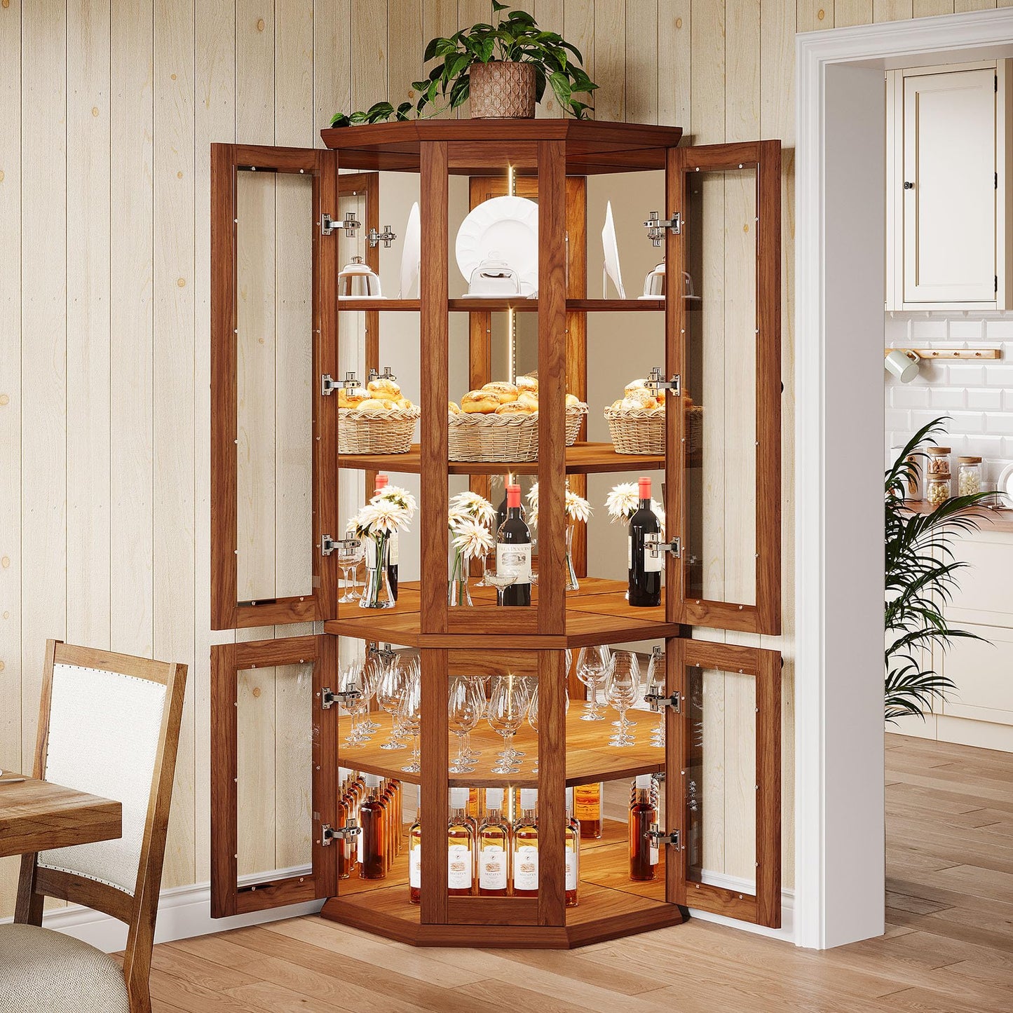 Tribesigns 70.87-Inch Corner Bar Cabinet, Tall Modern Corner Wine Cabinet with Doors & LED Lights, 5-Tier Home Bar Liquor Cabinet for Dining Room, Living Room, Kitchen, Rusitc Brown