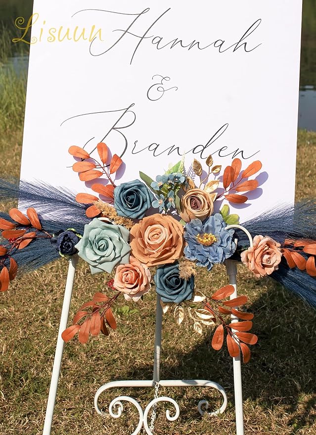 Wedding Arch Flowers, Artificial Floral Decor for Wedding Ceremony & Reception, Standard Size Large Flower Swag Set for Backdrop & Welcome Sign, Pack of 2 (Blue Coffee Pampas)