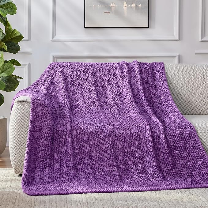 Knitted Weighted Blanket for Adult, Chunky Knit Weighted Throw for Sleep 40"*60" 7lbs, Cooling Breathable Heavy Blanket for Hot Sleepers, Machine Washable Blanket for Room Decor(Purple)