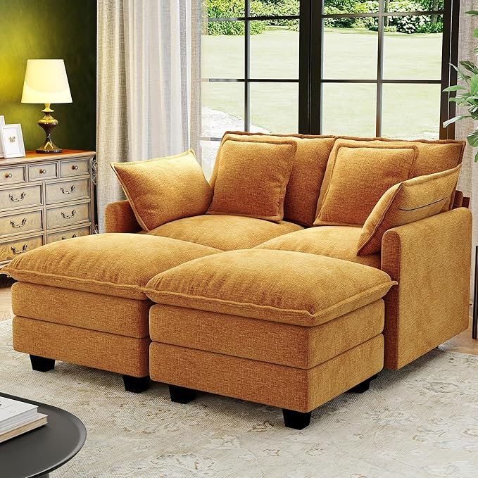 58" Cloud Couch Loveseat, Deep Seat Modular Sectional Sofa with 4 Removable Washable Pillows and 2 Ottoman for Living Room, Bedroom, Apartment, Orange