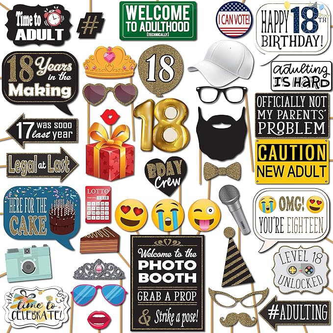 18th Birthday Photo Booth Props - 41-pc Photobooth Kit with 8 x 10-Inch Sign, 60 Adhesive Pads, 45 Sticks - 18th Birthday ...
