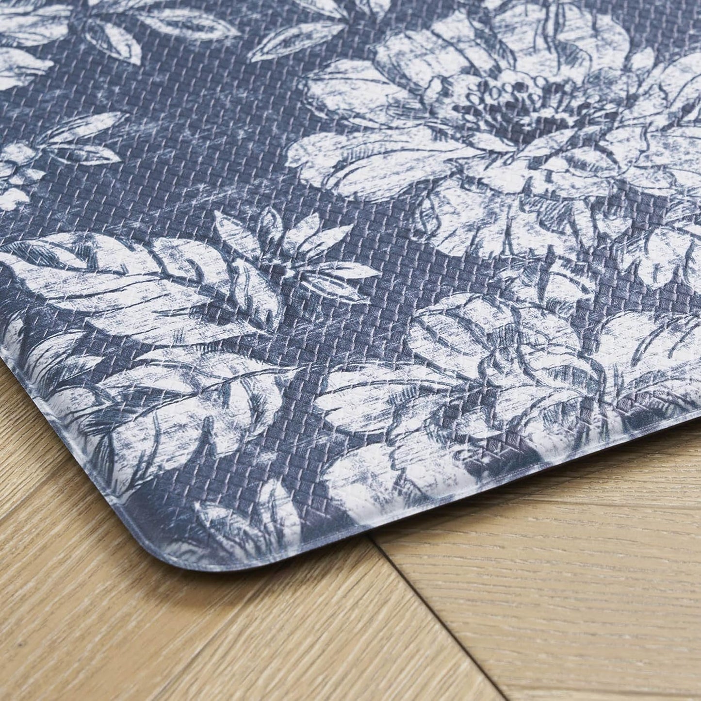 Laura Ashley - Anti-Fatigue Kitchen Mat, Iris Floral Design, Stain, Water & Fade Resistant, Cooking & Standing Relief, Non-Slip Backing, Measures 17.5" x 32", Navy Iris