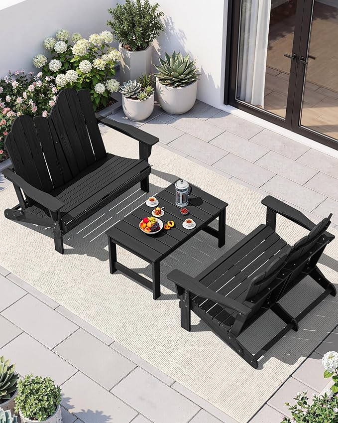 SERWALL 3 Pieces Patio Adirondack Bench Set, 2 Folding Adirondack Bench and 1 Coffee Table Set for Front Porch Garden Balcony Backyard, Black