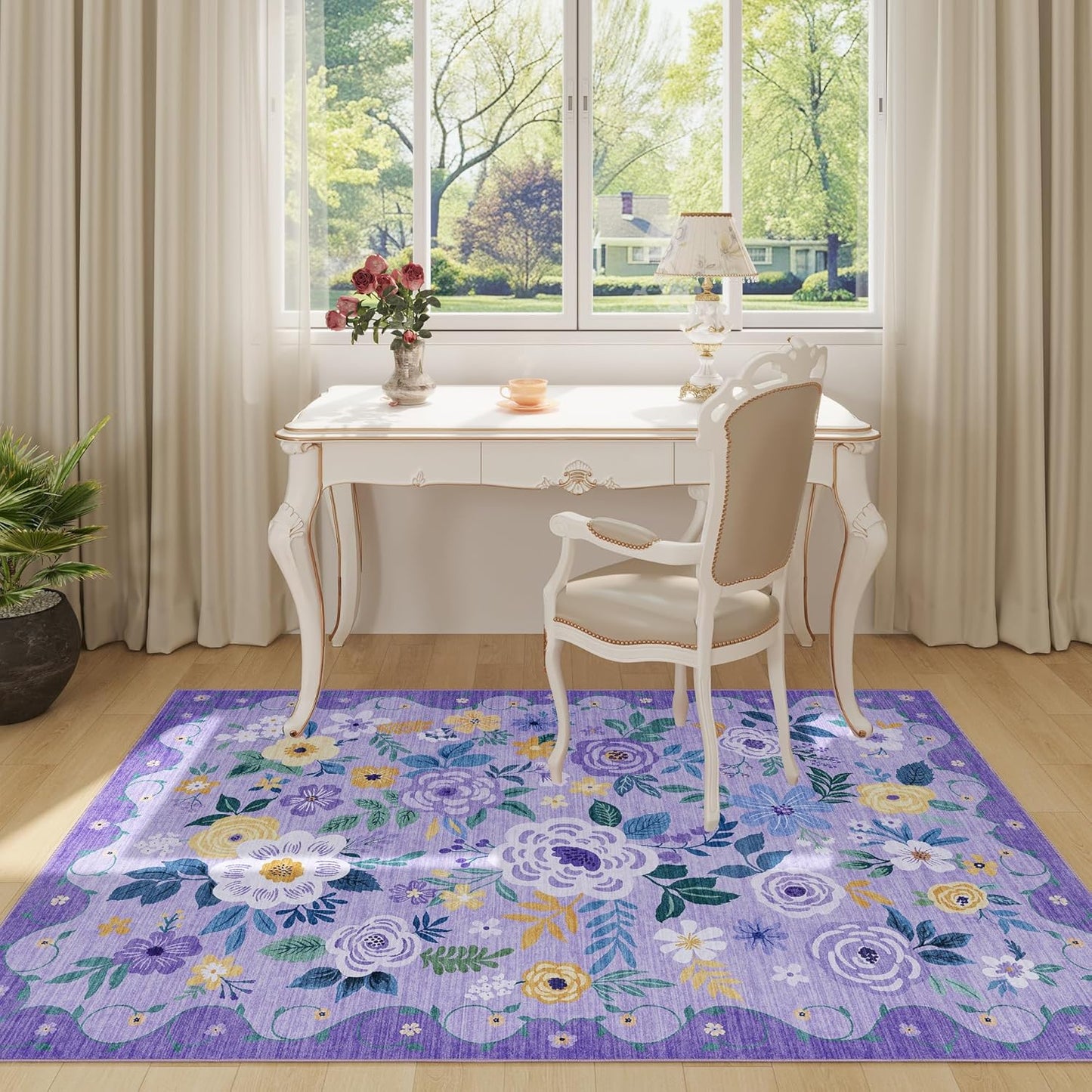 DUKINO 3x5 Area Rug, Floral Rugs for Living Room, Lightweight Non Slip Washable Rug, Indoor Low Pile & Non-Shedding Boho Design Rugs for Bedroom, Living Room, Dining Room, Purple