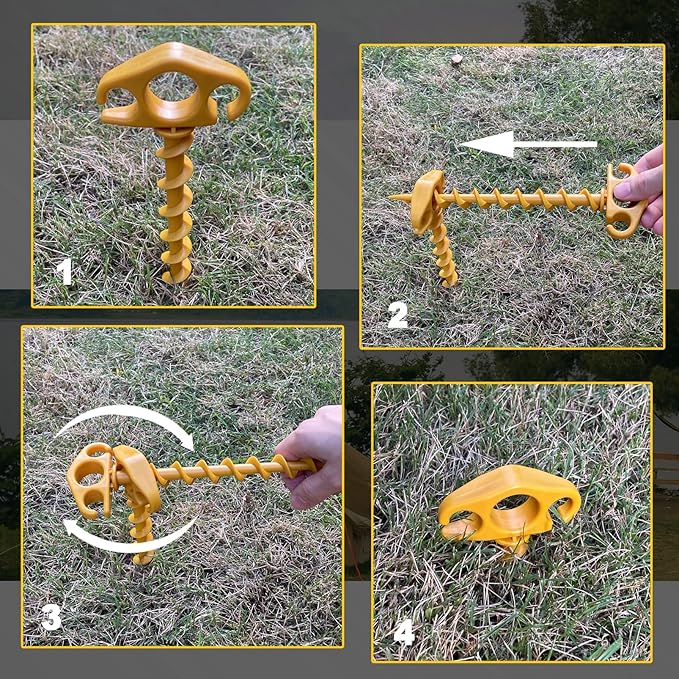 COBARYEN Tent Stakes Ground Anchors Screw in, 6 Pack Sand Stakes for Beach 9.4 Inch Heavy Duty Spiral Tent Pegs for Camping, Party, Hiking, Outdoor Decoration (6, Yellow)