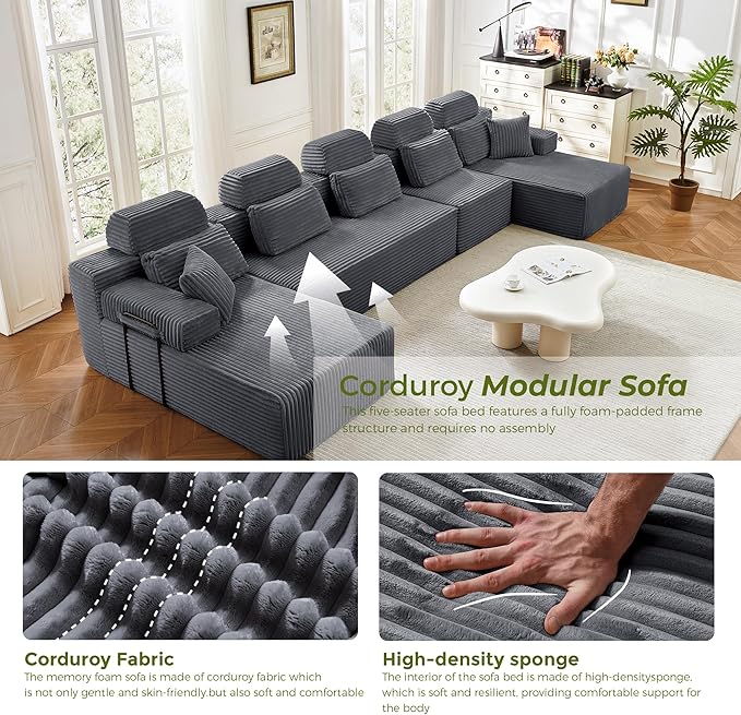 171" U-Shaped Cloud Modular Sectional Sofa with Chaise & Headrest, Boneless Deep Seat Plush Corduroy Couches for Large Living Room, No Assembly Required (Dark Gray, 171" U-shapred Chaise)