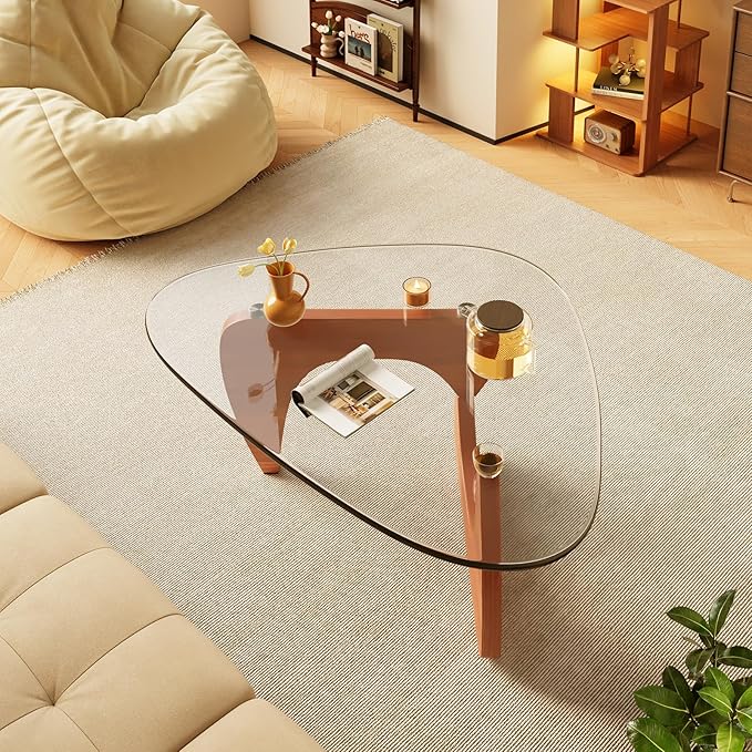 LUCKIIA Coffee Tables Glass Small Farmhouse Coffee Table Mid-Century Modern Wood Center Table for Living Room, Walnut Transparent, 32 Inch