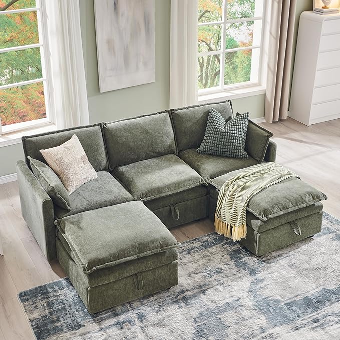 85.83" Sectional Couches for Living Room, Cloud Couch Sectional with Large Storage Ottoman, U-Shape Modular Sectional Sofa with 5 Seater Chenille Sofa and Pillow for Apartment, Bedroom, Green