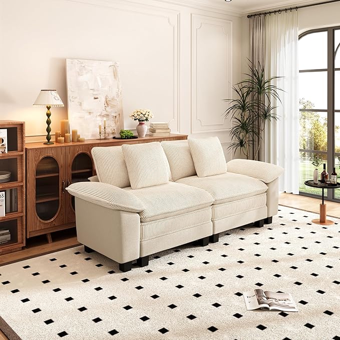 PHI VILLA Cloud Modular Couches Sets, 87.5" Sectional Loveseat Sofa with Upholstered Deep Seat, 2-Seater Comfy Couches for Living Room Bedroom, Chenille Corduroy Dual Fabric, Beige