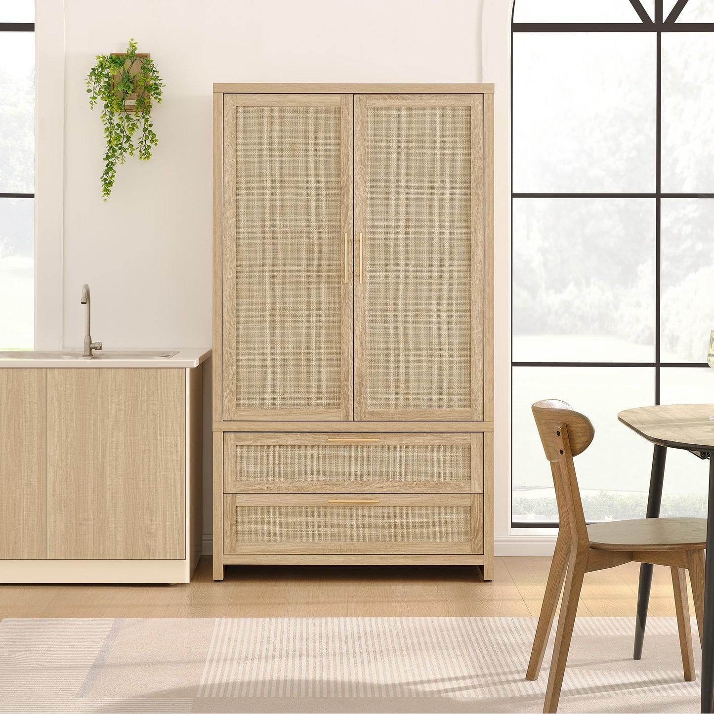 SICOTAS Rattan Armoire Wardrobe Closet Cabinet, 71" Tall Wardrobe Storage Cabinet with Doors, Large Drawers and Hanging Rod, Boho Armoire Clothes Organizer for Bedroom, Cloak Room, Light Oak
