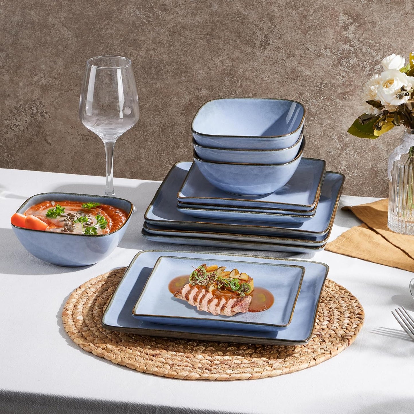 E-far Square Dinnerware Sets for 8, 24-Piece Stoneware Plates and Bowls Dishes Set, Reactive Glaze Porcelain Dishware Sets, Chip & Scratch Resistant, Microwave & Dishwasher Safe, Ocean Blue