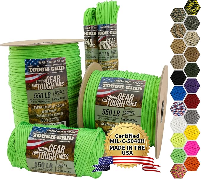 TOUGH-GRID Paracord Rope 550 lbs Nylon Parachute Cord, Made in USA Survival Kit, Outdoor Adventures, Camping, Tactical Gea...