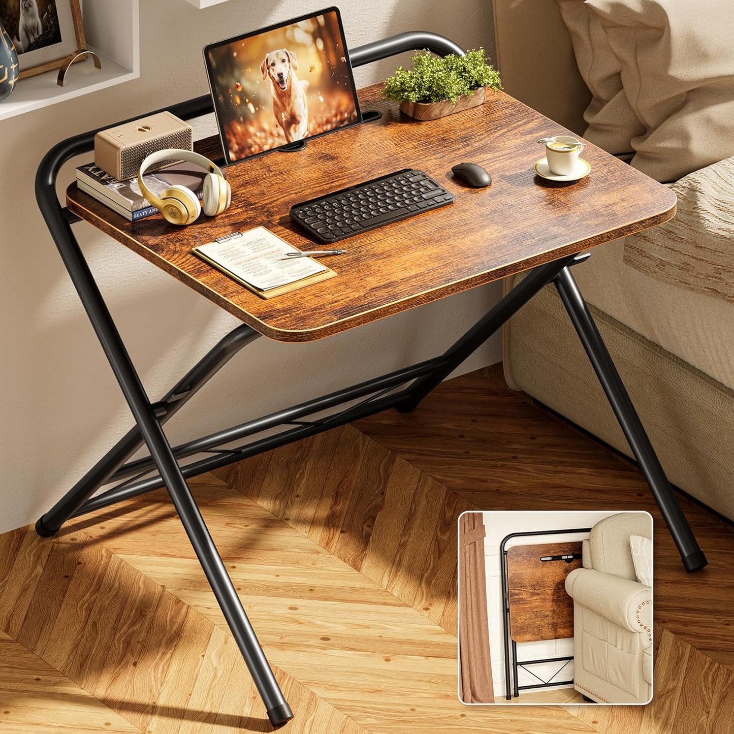 Huuger Folding Desk with 3-Level Adjustable Height and Tablet Slot, 24 Inch Foldable Computer Desk for Small Spaces, Space Saving, Writing Work Table for Home Office, Bedroom, Study, Rustic Brown