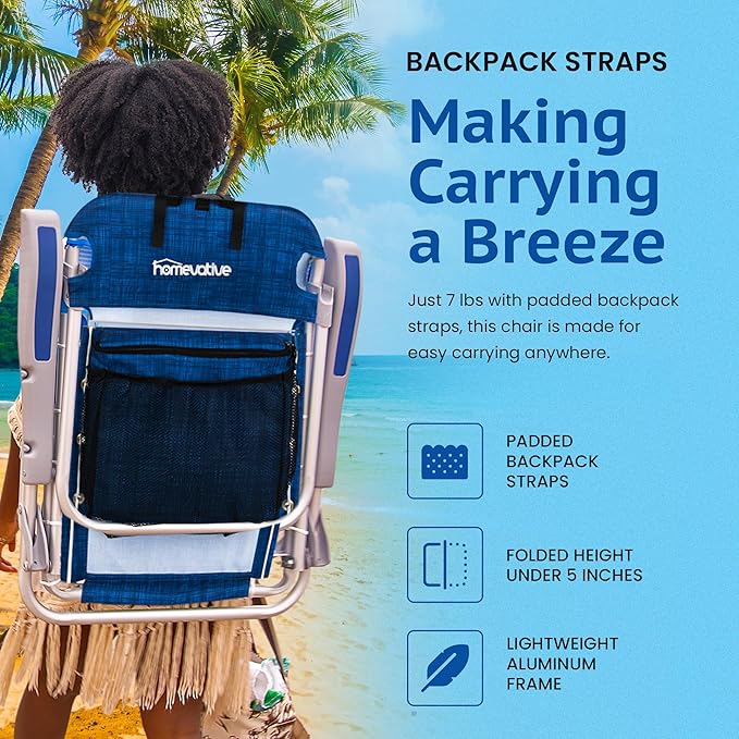 Homevative Backpack Fold-Up Beach Chair, 5 Positions, Towel bar, Cooler, Storage Pouch, Cup Holder and Phone Pocket