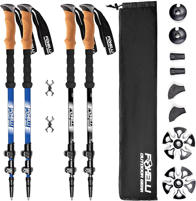 Foxelli Hiking Poles Bundle (2 Pairs) – Black & Blue Collapsible Lightweight Carbon Fiber Trekking Poles with Accessories