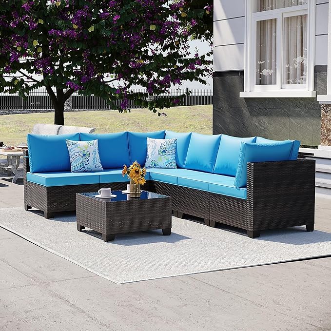 Ophelian 7 Pieces Patio Furniture Set, Outdoor Conversation Rattan Sofa，with Waterproof Cushion and Tempered Glass for Garden and Backyard, (Brown/Peacock Blue)