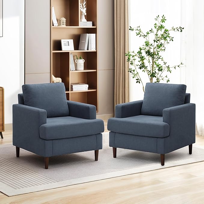 Weture Mid-Century Accent Chair, Comfy Upholstered Reading Accent Chairs for Bedroom, Modern Linen Fabric Armchair for Living Room, Single Sofa Chair with Wood Legs (Blue Grey, 2 Pack)