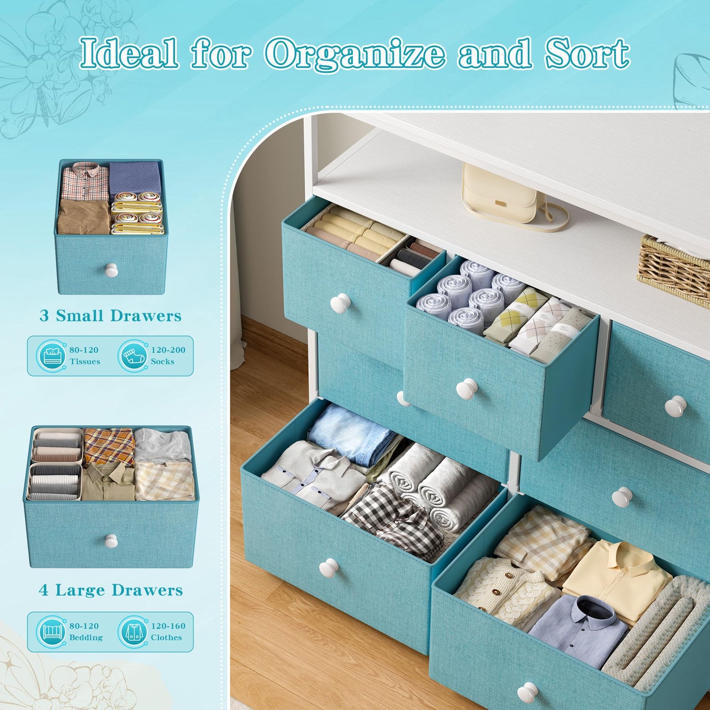Dresser for Bedroom with 7 Drawers, Purple Dressers & Chests of Drawers, Dresser for Clothes Storage with Wooden Top and Metal Frame, Entertainment Center, Green