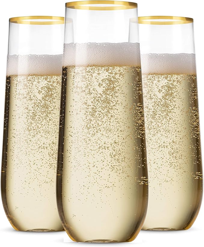 Munfix 48 Pack Stemless Plastic Champagne Flutes Disposable 9 Oz Gold Rim Clear Plastic Toasting Glasses Shatterproof Recy...