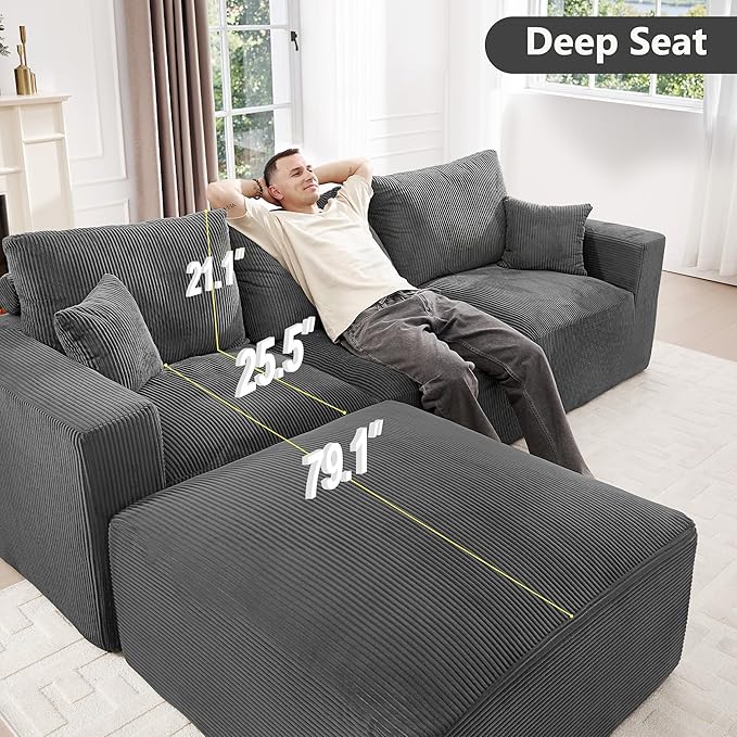 113" Modular Sectional Sofa, Compression Sofa with Deep Seat, Convertible L Shape Couch with Ottoman, Upholstered Couches for Living Room Bedroom,No Assembly Required (Grey Corduroy, 113" L Shape)