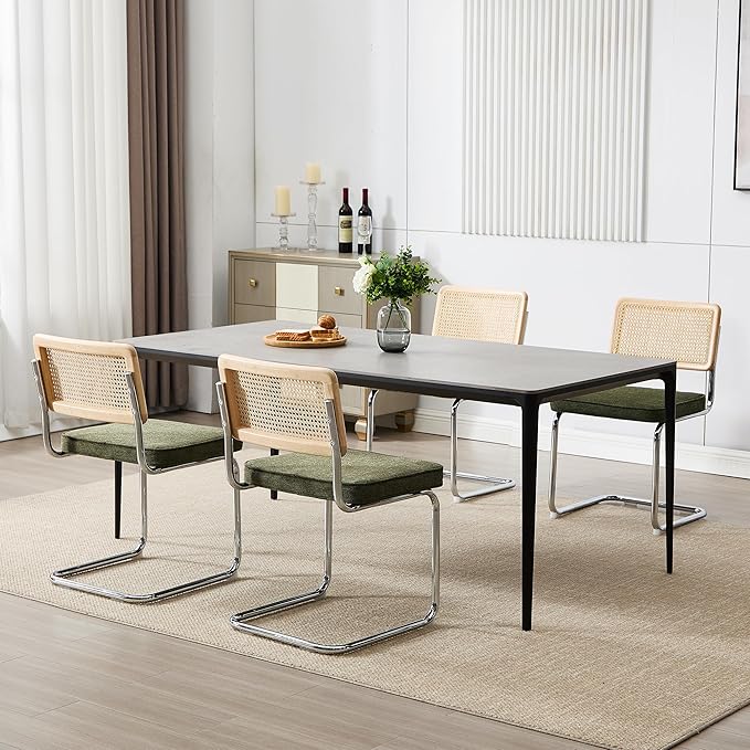Zesthouse Natural Rattan Dining Chairs Set of 4, Mid Century Modern Dining Chairs with Solid Wood Back & Chrome Base, for Kitchen Living Room, Breuer Design Inspired, Upholstered Linen Fabric, Green