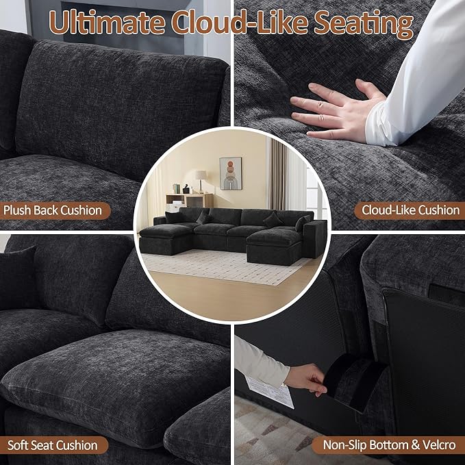 155''Cloud Boneless Modular Couch, Oversized Sectional Sofa Deep Seat with 2 Ottomans, Modern Upholstered Convertible U Shape Couch Comfy 6 Seater Chenille Sofa Couches for Living Room, Dark
