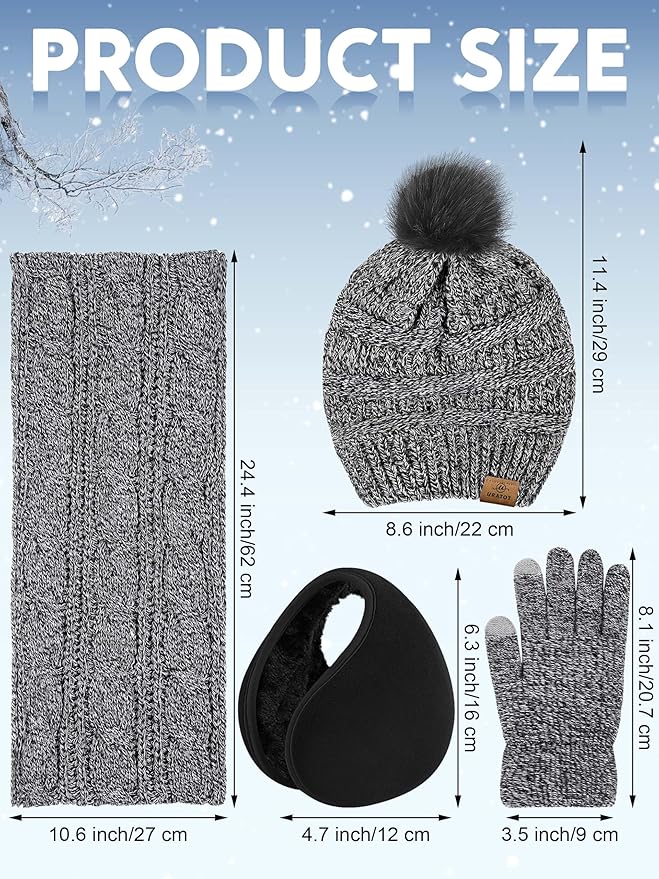 URATOT 4-In-1 Winter Warm Sets Knitted Scarf Touch Screen Gloves Beanie Pompom Hat and Winter Ear Warmer for Men or Women
