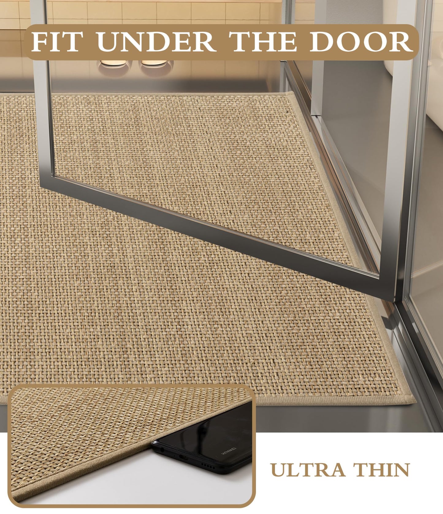 YIHOUSE Bathroom Rugs Sets 2 Pieces, Beige Ultra Thin Bath Mats Fit Under Door, Absorbent Quickly Dry Rubber Backing Braided Bath Mat Set, Non Slip Washable Bath Rugs for Bathroom Floor, Beige