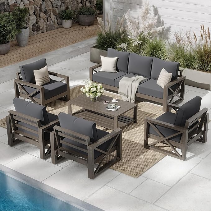 UDPATIO 6 Piece Aluminum Patio Furniture Set 7 Seats Modern Outdoor Furniture Faux Wood Grain Patio Conversation Sets with Olefin Fabric Thick Cushions, 600D Waterproof Cover Included, Dark Grey