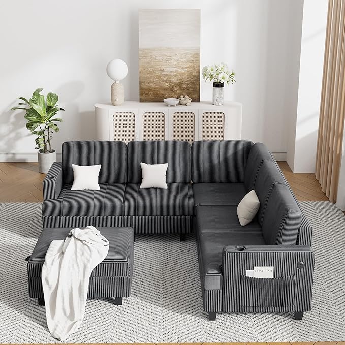 90 Inch Sectional Sleeper Sofa with Deep Seat, Grey Cloud Modular Couch with Storage Ottoman & USB Ports, Convertible U-Shape L-Shape Sectional for Living Room (Grey, 5 Seat + 1 Ottoman)