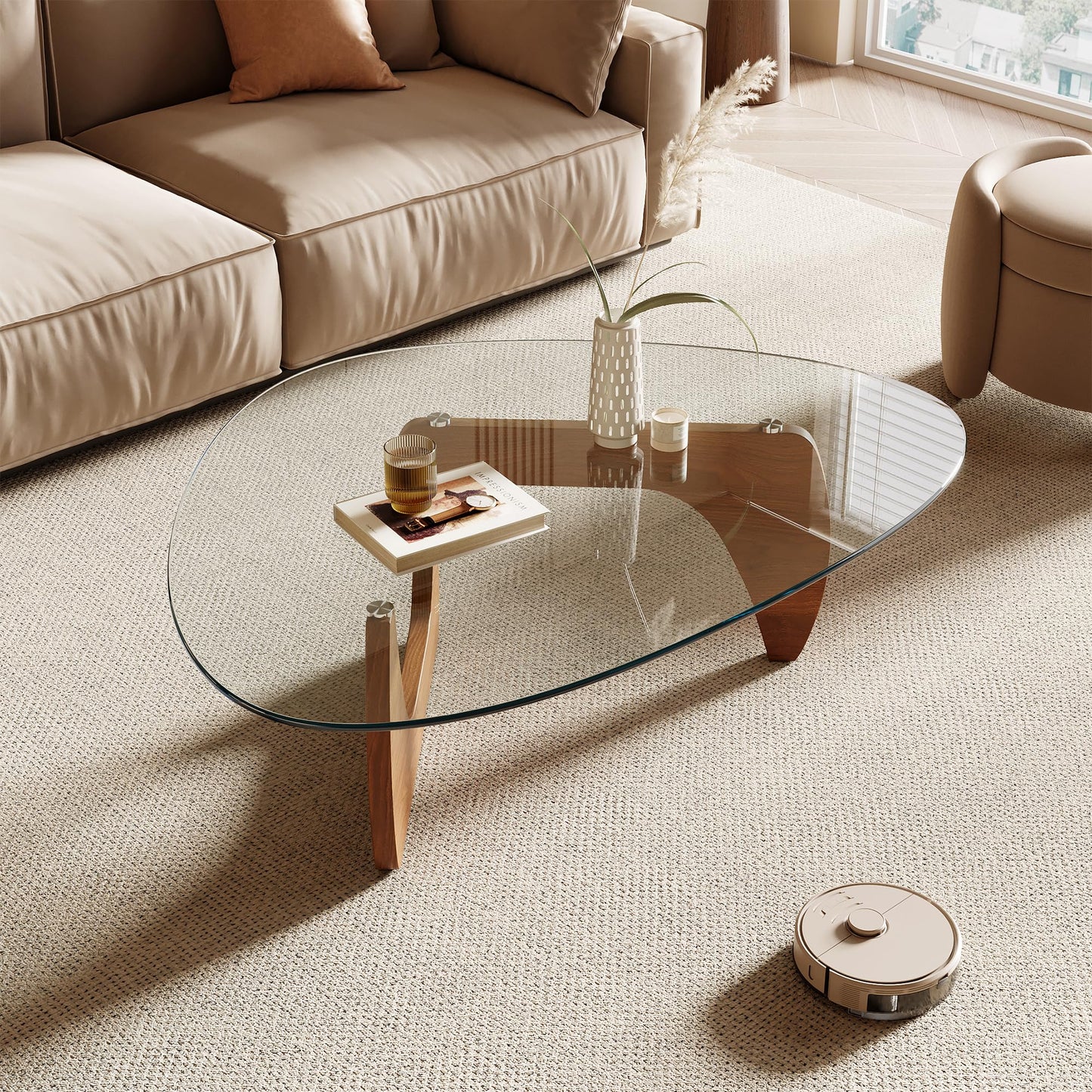 Honyee Morden Coffee Table, 42.5" x 28.5" x 16.1" Triangle Tempered Glass Top for Living Room, Color: Natural Wood