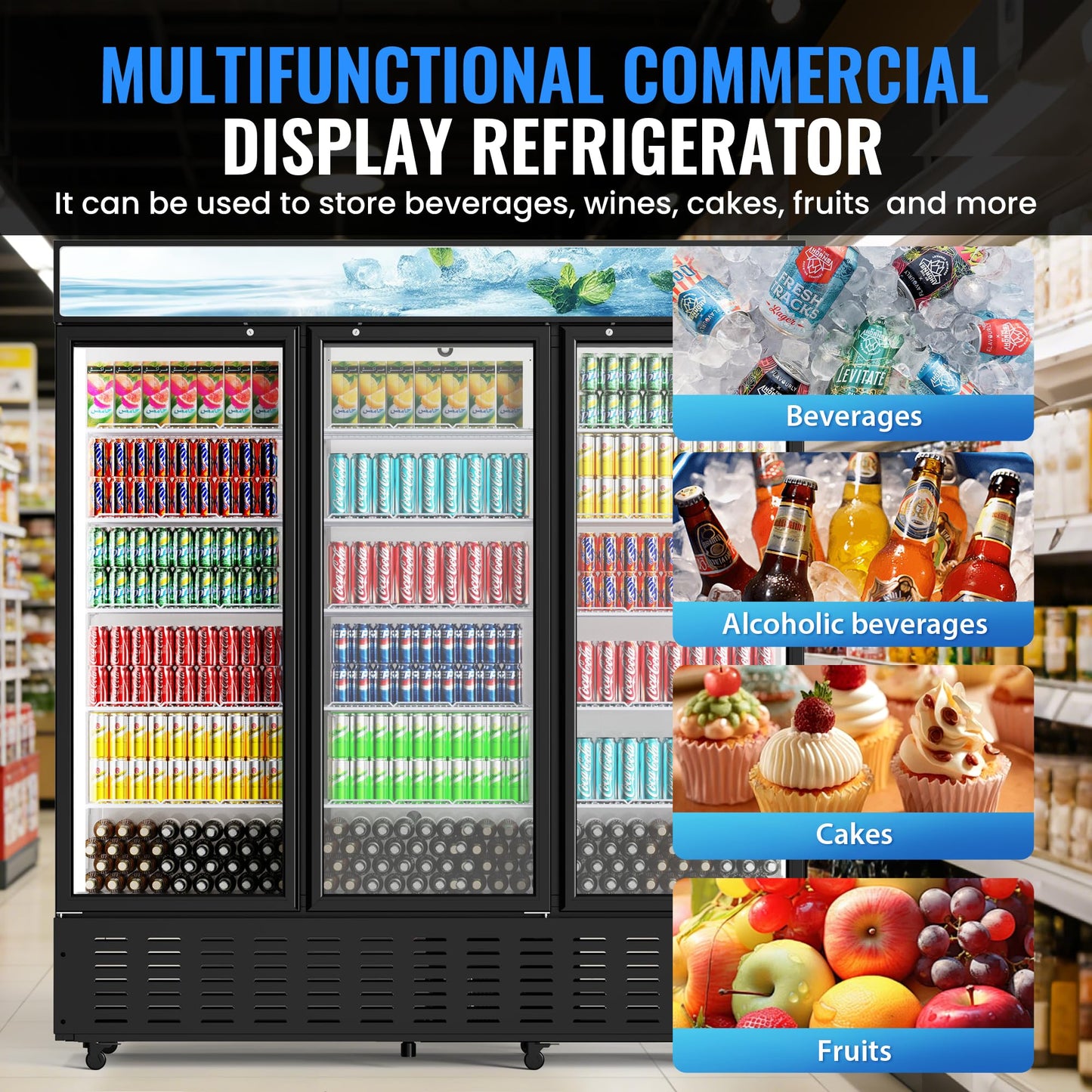 Frostvale 62 Cu.Ft Commercial Display Refrigerator, Black 3 Glass Door Beverage Cooler with Lighted Header, Large ETL Upright Merchandiser Fridge for Drinks, Soda, Beer, Restaurant, Store