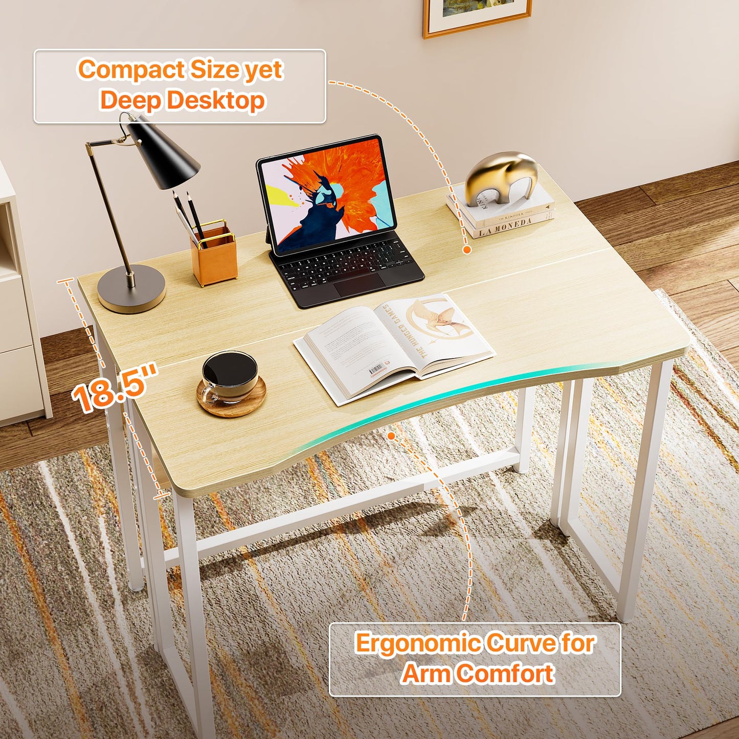 Huuger Folding Desk with Storage Shelf, 31.5 Inch Foldable Computer Table for Small Spaces, Space Saving Sofa Table for Couch, Writing Work Office Computer Desk, Easy to Fold, Oak