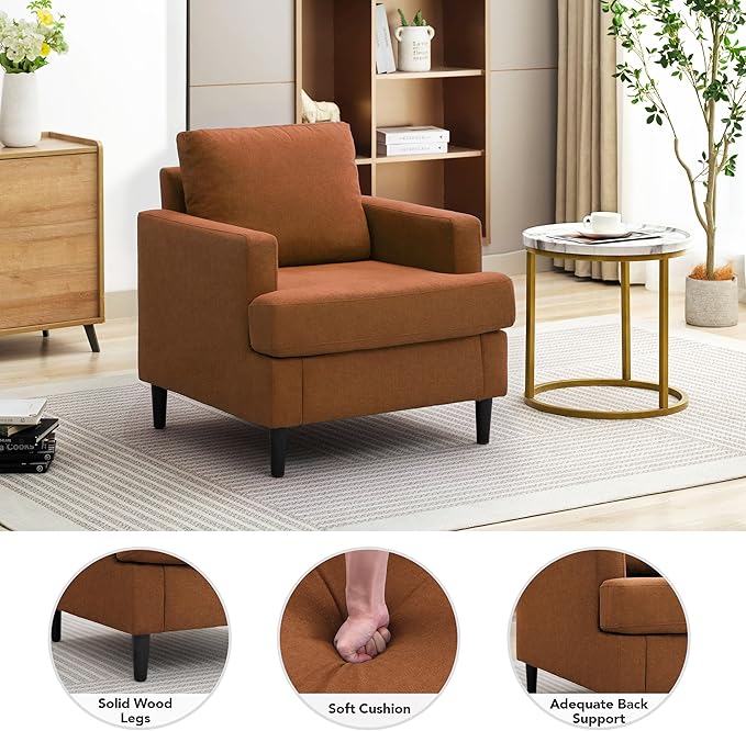 Weture Mid-Century Accent Chair,Modern Linen Fabric Armchair for Living Room,Comfy Upholstered Reading Accent Chairs for Bedroom,Single Sofa Chair with Wood Legs (Orange, 1 Pack)
