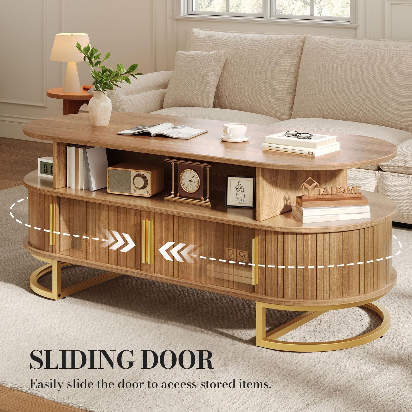 YITAHOME Coffee Table, Coffee Tables for Living Room with Sliding Doors & Large Storage, Modern Wooden Coffee Table with Gold Handles, Metal Base for Living Room, Natural Oak