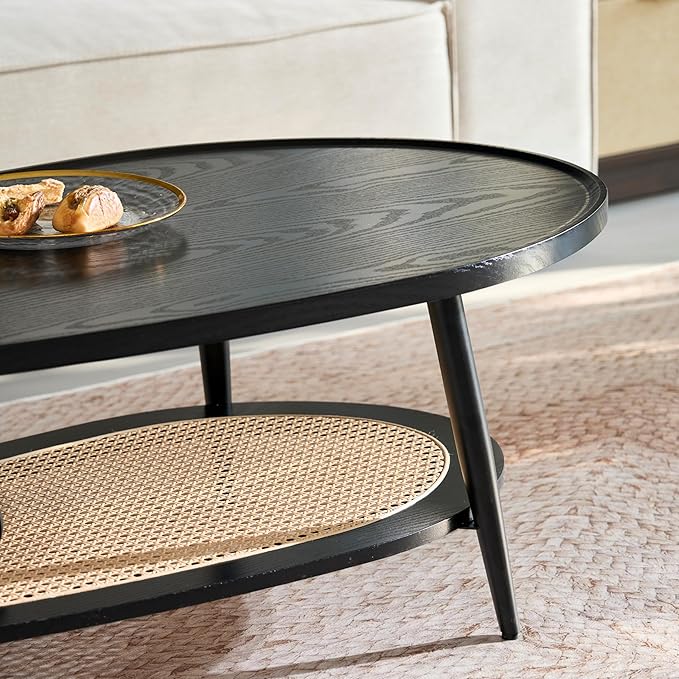 Saint Mossi Oval Wood and Rattan Coffee Table for Living Room, Mid-Century Modern Wood Coffee Table, Center Table for Small Space, Black and Rattan Board, D47xW23.6xH15