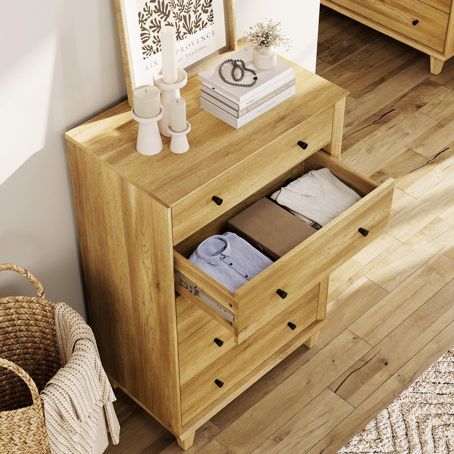 FENSULN 5 Drawer Dresser for Bedroom, Tall Modern Chest of Drawers, Beveled Profile Design, Wood Drawer Organizer for Bedroom, Living Room, Hallway and Entryway,Oak