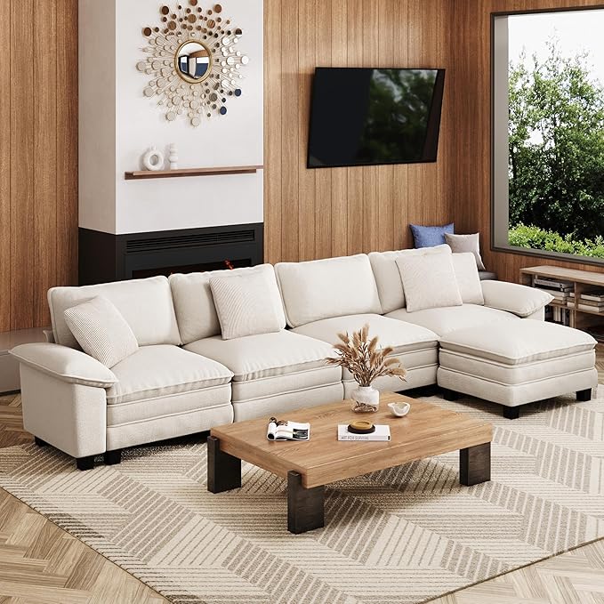 MIXPATIO 157-Inch L Shaped Sectional Sofa with Cloud Cushions, Deep Seat Modular Couch Set w/ 5 Seats & 1 Ottomans, Removable Arms, Plush Chenille Upholstery for Living Room, Apartment - Beige