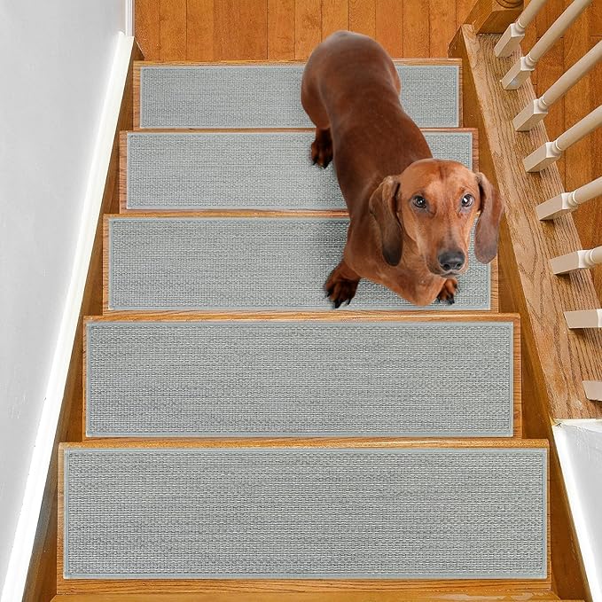 Stair Treads Non Slip for Wooden Steps Indoor 9" x 30" 4 Pack Extra Wide Stair Tread Carpet Stairs Runner, Step Pads with Reusable Adhesive for Dogs Kids Elders, Machine Washable, Light Grey