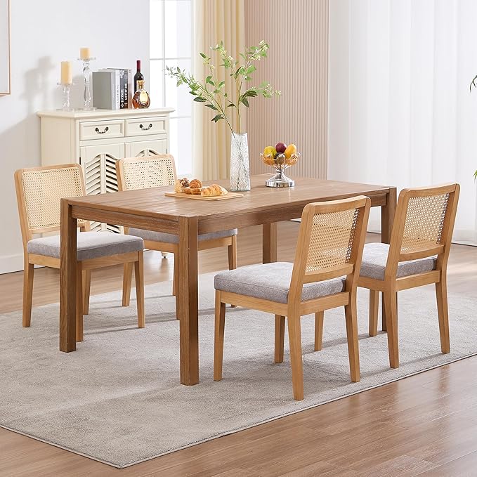 Farmhouse Rattan Dining Chairs Set of 4, Mid Century Modern Kitchen & Dining Room Chairs, Rectangle Cane Upholstered Kitchen Chairs Side Chairs with Natural Wooden Legs, Grey Chenille