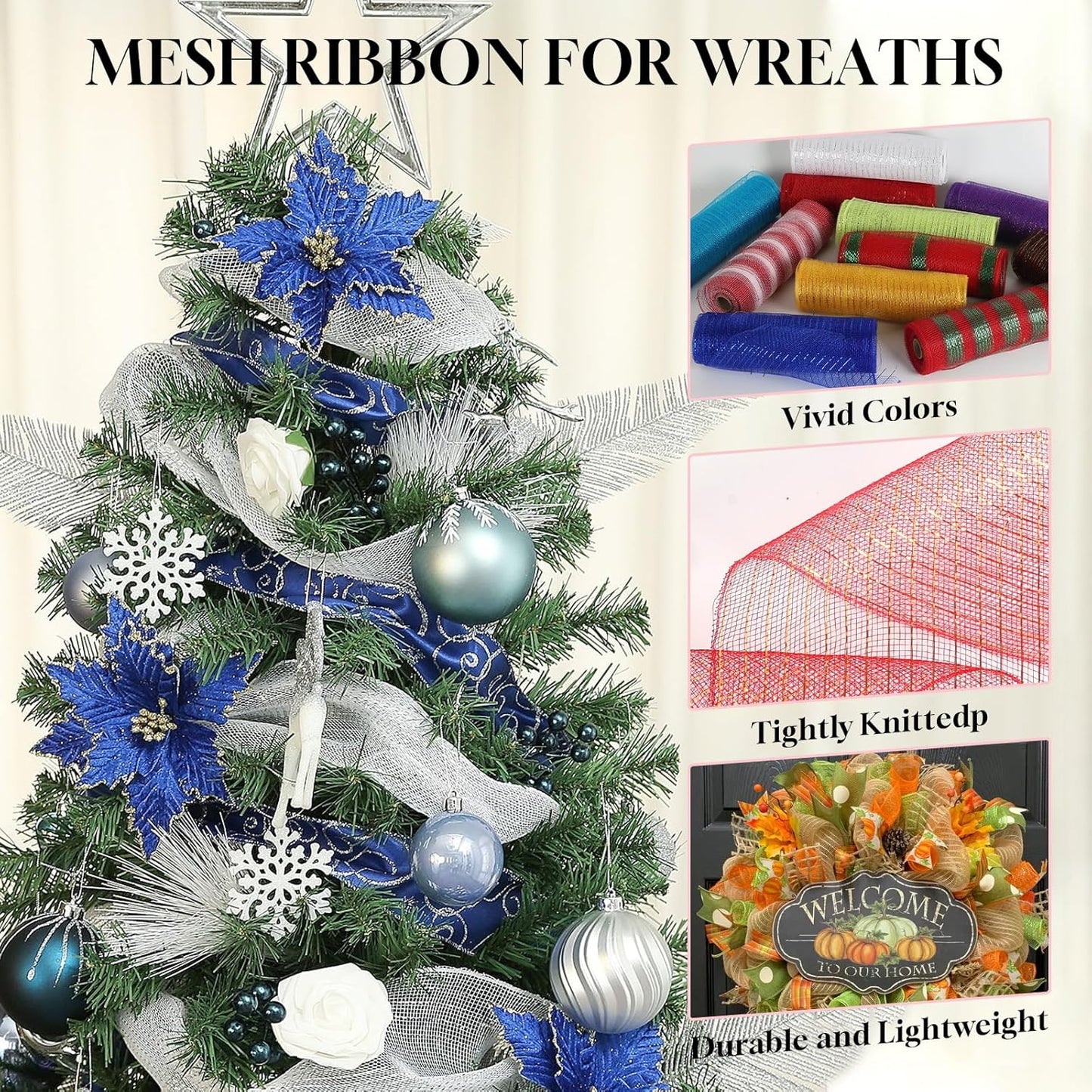 2 Rolls Mesh Ribbon for Wreaths 10 Inch x 30 Foot Wreath Mesh Rolls with Metallic Foil for Easter Christmas Party Wedding Home Decor DIY Craft Projects and Gift Wrapping (White/Colorful Foil)