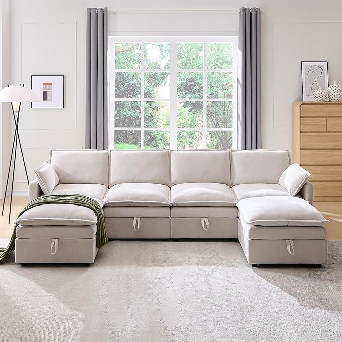 112.6" Sectional Couches for Living Room, Cloud Couch Sectional with Large Storage, U-Shape Modular Sectional Sofa with Ottoman, 6 Seater Chenille Sofa with Pillow for Apartment, Bedroom, Beige