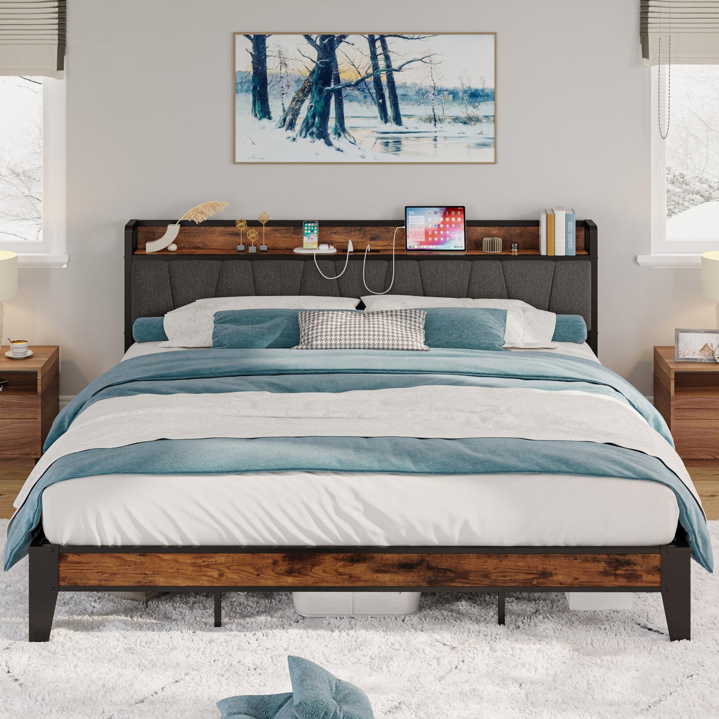 LIKIMIO California King Bed Frames, Storage Headboard with Charging Station, Solid and Stable, Noise Free, No Box Spring Needed, Easy Assembly
