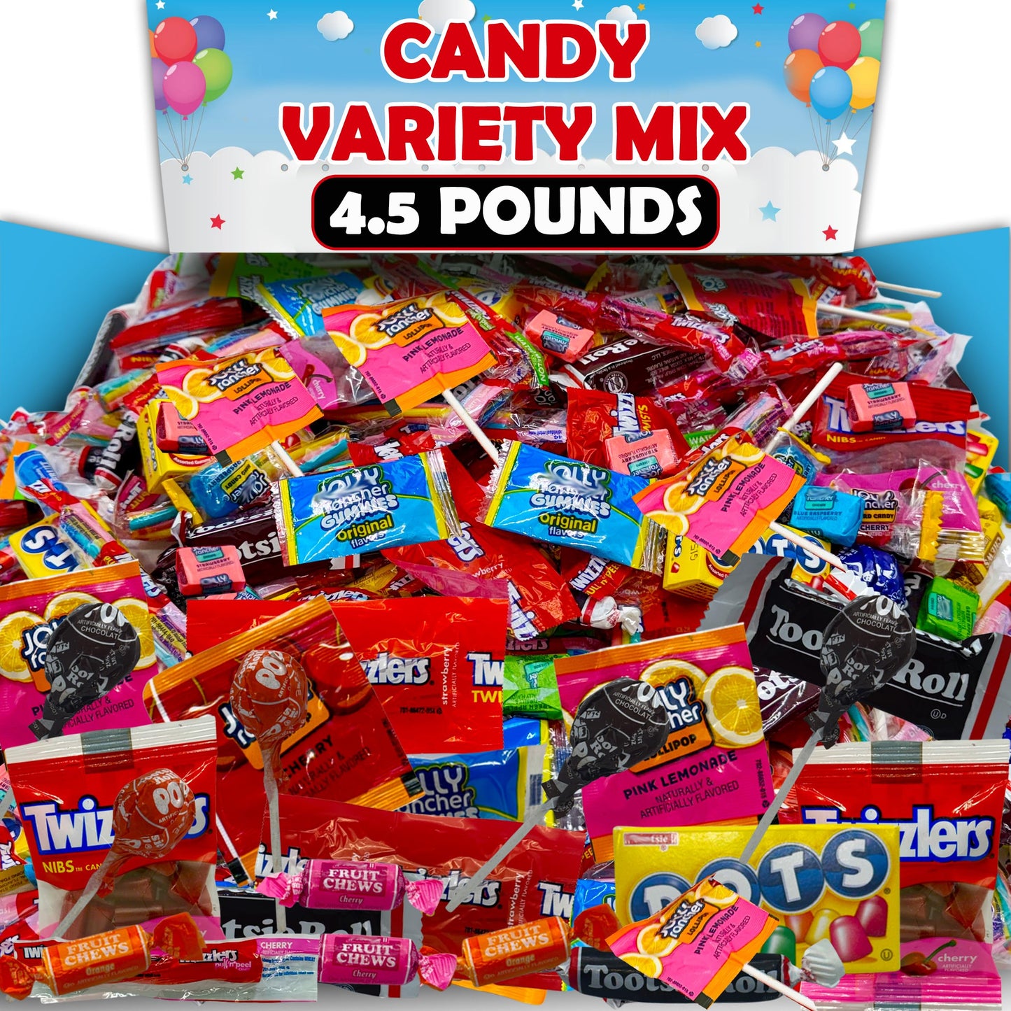 Bulk Candy Variety Pack, 4.5 Lbs Assortment Mix, Includes Twizzles, Assorted Tootsee Roll, Jolli Rancher, Individually Wrapped for Kids Birthdays, Party Favors and Candy Bowl