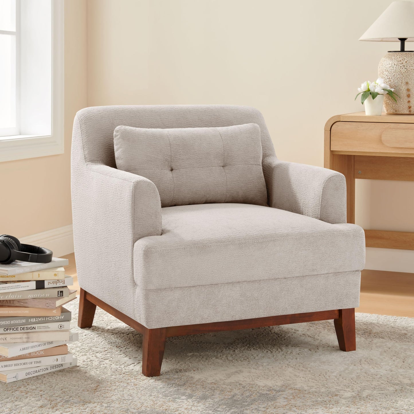 VANOMi Modern Accent Chair with Terry Fabric, Upholstered Armchair with Spring Package Cushion & Solid Wood Frame, Comfy Lounge Chair for Living Room, Bedroom, or Reading Corner, Terry, Camel