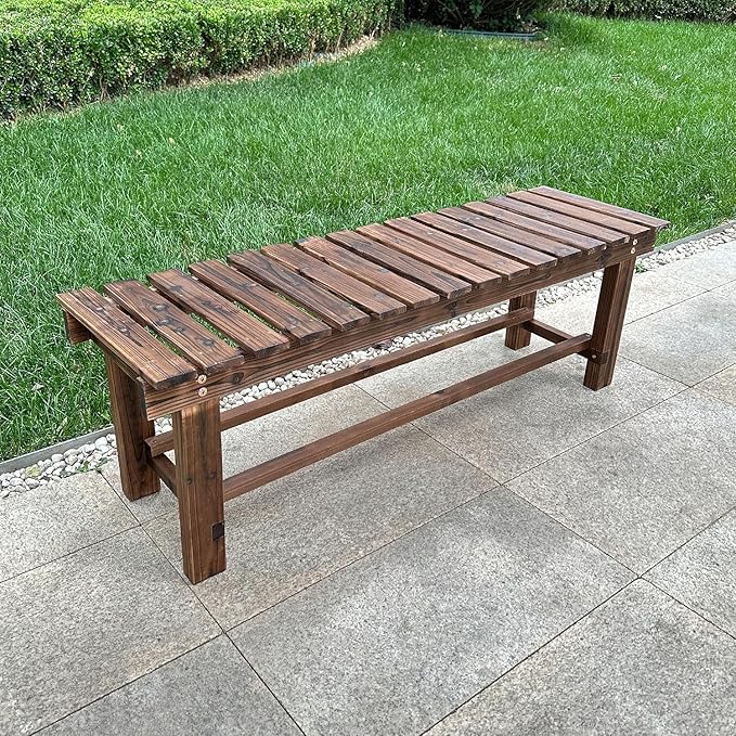 LSPYYDS Outdoor Garden Bench, 3-Person Wood Patio Bench Weatherproof Outdoor Backless Bench, Anti-Corrosion and Anti-Rust Garden Benches for Garden Lawn Porch Park Backyard (Carbonized,47.25''/120cm)