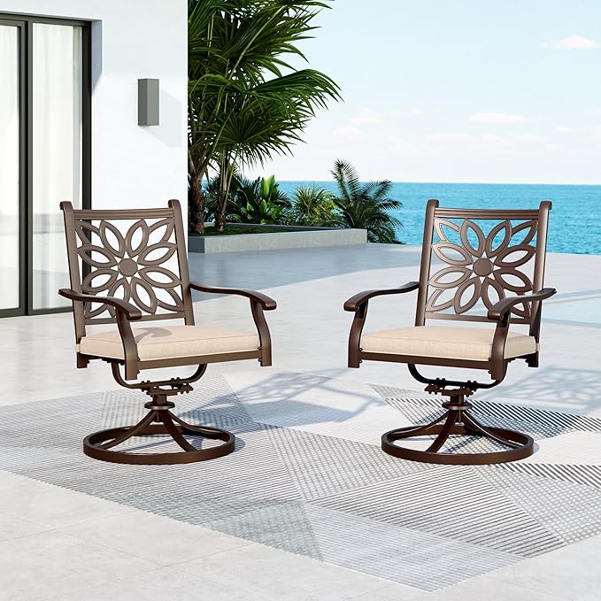 MFSTUDIO Outdoor Dining Chairs Set of 2, Cast Aluminum Patio Swivel Chairs with Wide Seat and 2.8’’ Cushion, Brown Metal Outdoor Swivel Chair Set, Backyard, Deck, 350lbs