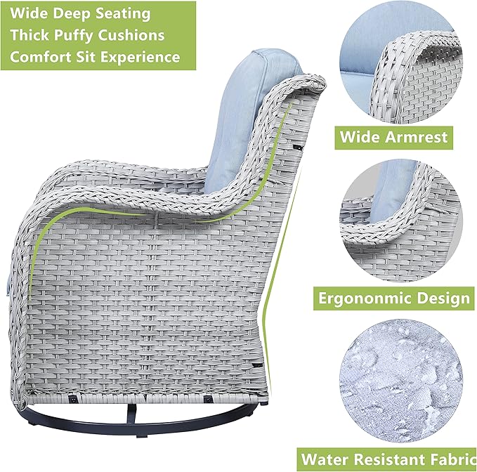 Patio Furniture Swivel Chairs Set - 5 Piece Rattan Wicker Outdoor Sectional Conversation Sets with 2 Swivel Rocking Chairs,2 Ottomans and 1 Side Table for Porch Deck Garden(Light Grey/Sky Blue)