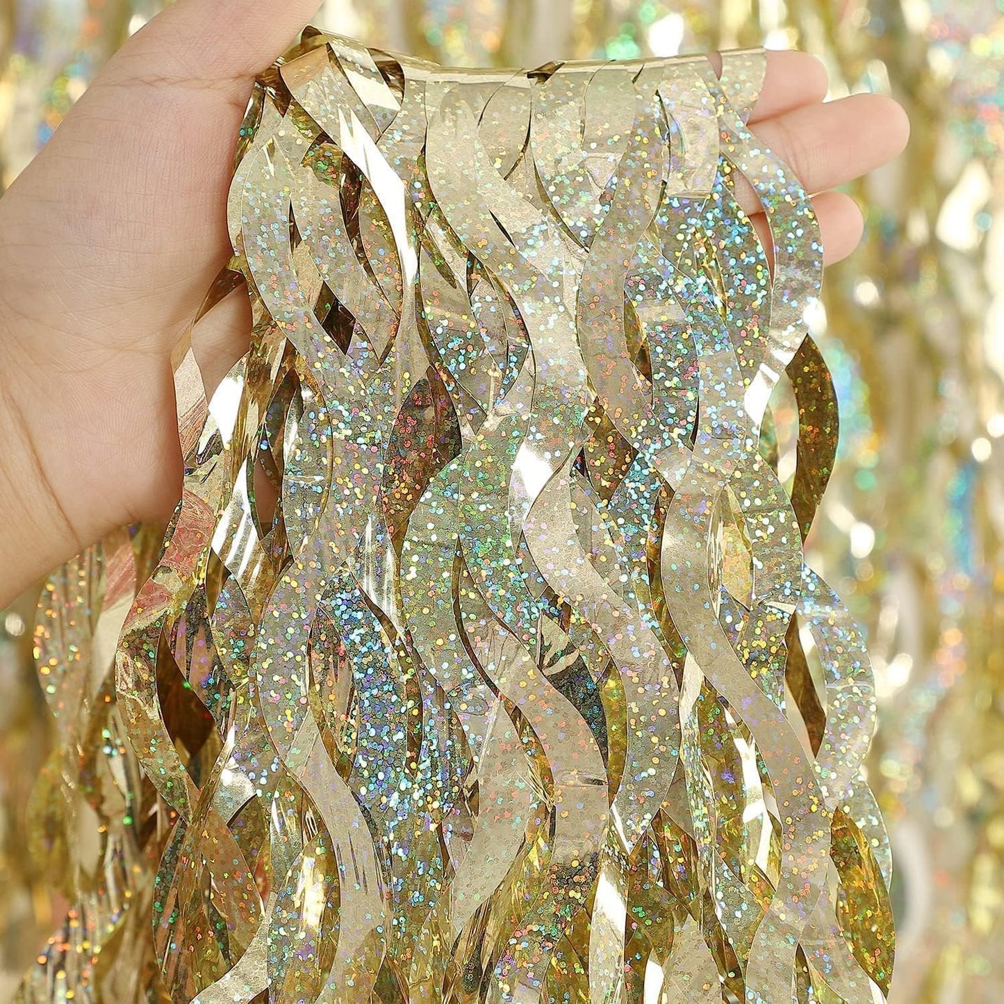 CYLMFC 4 Pack Champagne Gold Fringe Backdrop - 3.3 ft x 6.6 ft Shimmer Wavy Foil Curtain for Birthday Party, Yellow Streamers Party Decorations